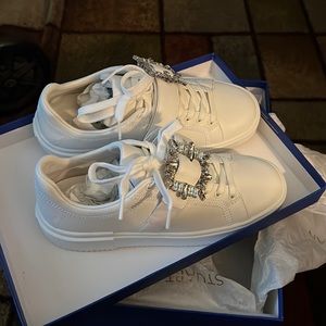 Stuart Weitzman Leather White Sneakers With Crystal Buckle